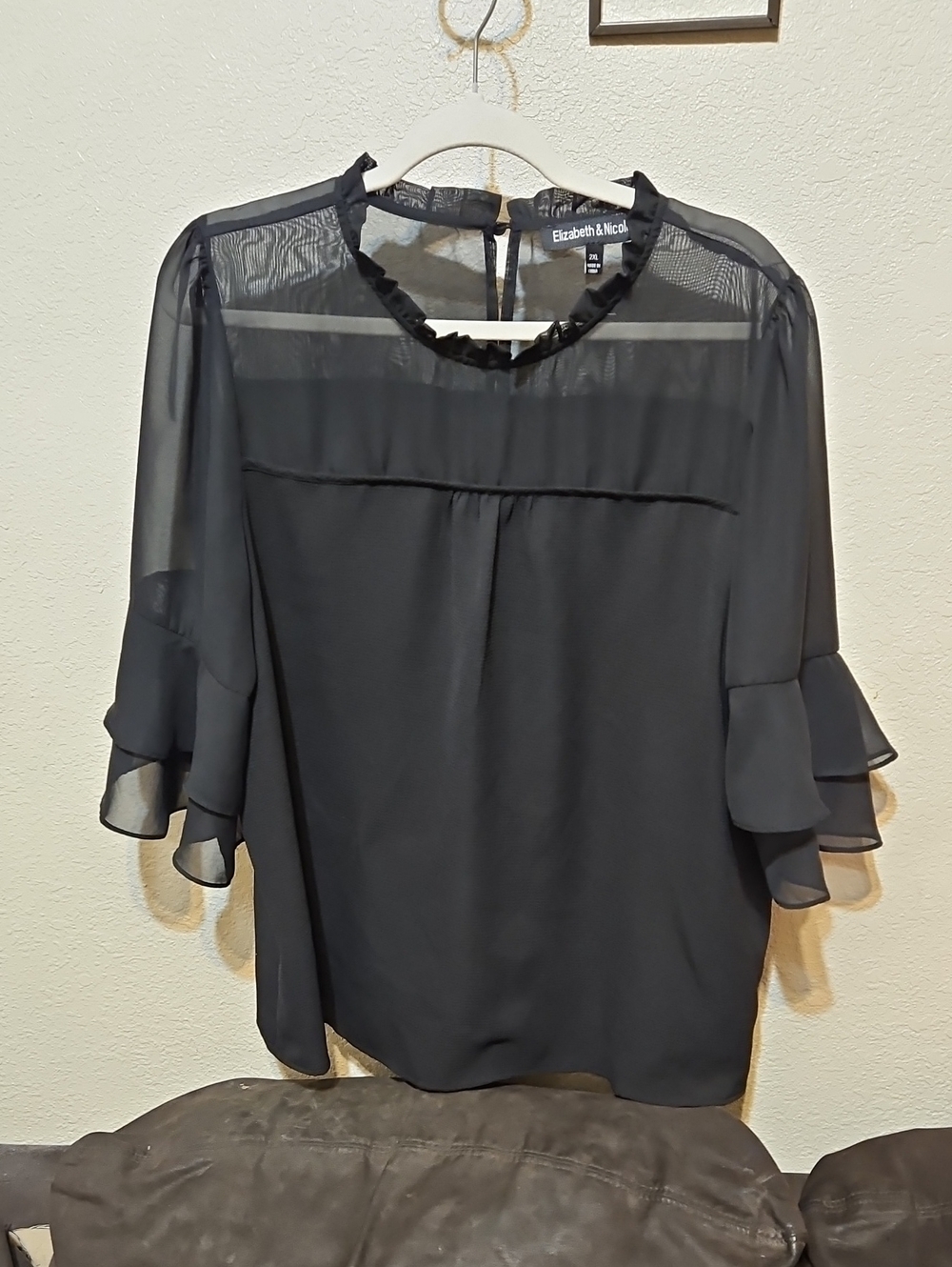 Elizabeth & Nicole Black Ruffle Trim Sheer Yoke Blouse